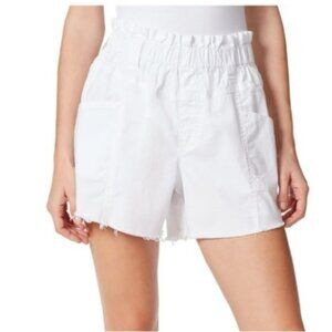 FRAYED JEANS White Pocketed Fringed Baggy Elastic Waist High Waist Shorts